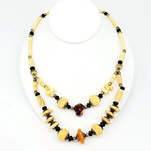 Vintage Artisan Carved Bovine Bone & Gemstone Layered Necklace 11" Drop Bohemian